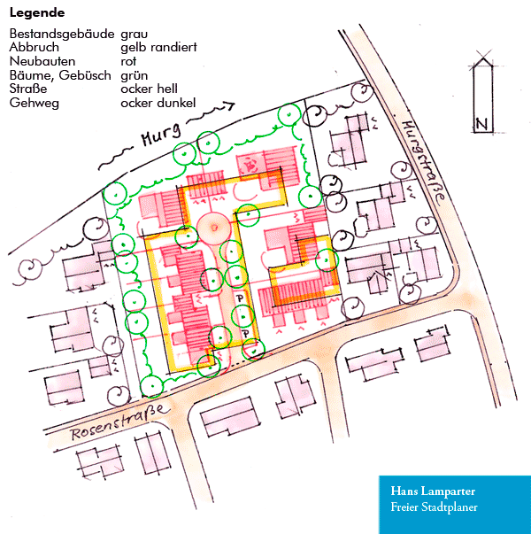 Zurck zur Website von Hans Lamparter, Freier Stadtplaner ||| Legende: Bestandsgebude:grau, Abbruch: gelb: randiert: Neubauten:rot,  Bume, Gebsch: grn, Strae:ocker hell, Gehweg:ocker dunkel